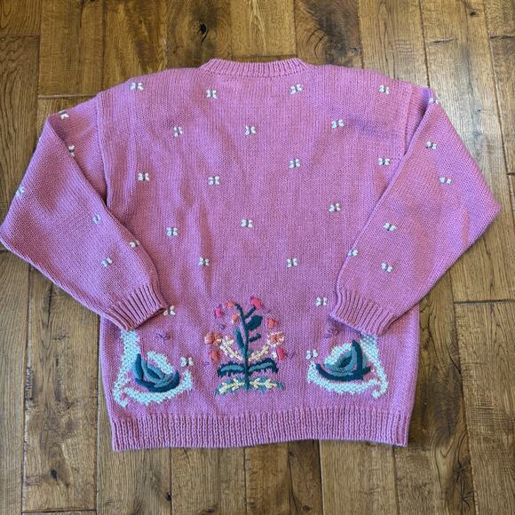 VTG Nuggets Hand Knit Sweater Floral Butterfly Crewneck Grandma Cottagecore Sz L - Picture 6 of 6